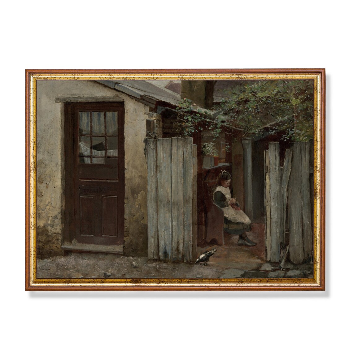 Girl with a Bird in a Courtyard Antique Genre Painting Poster