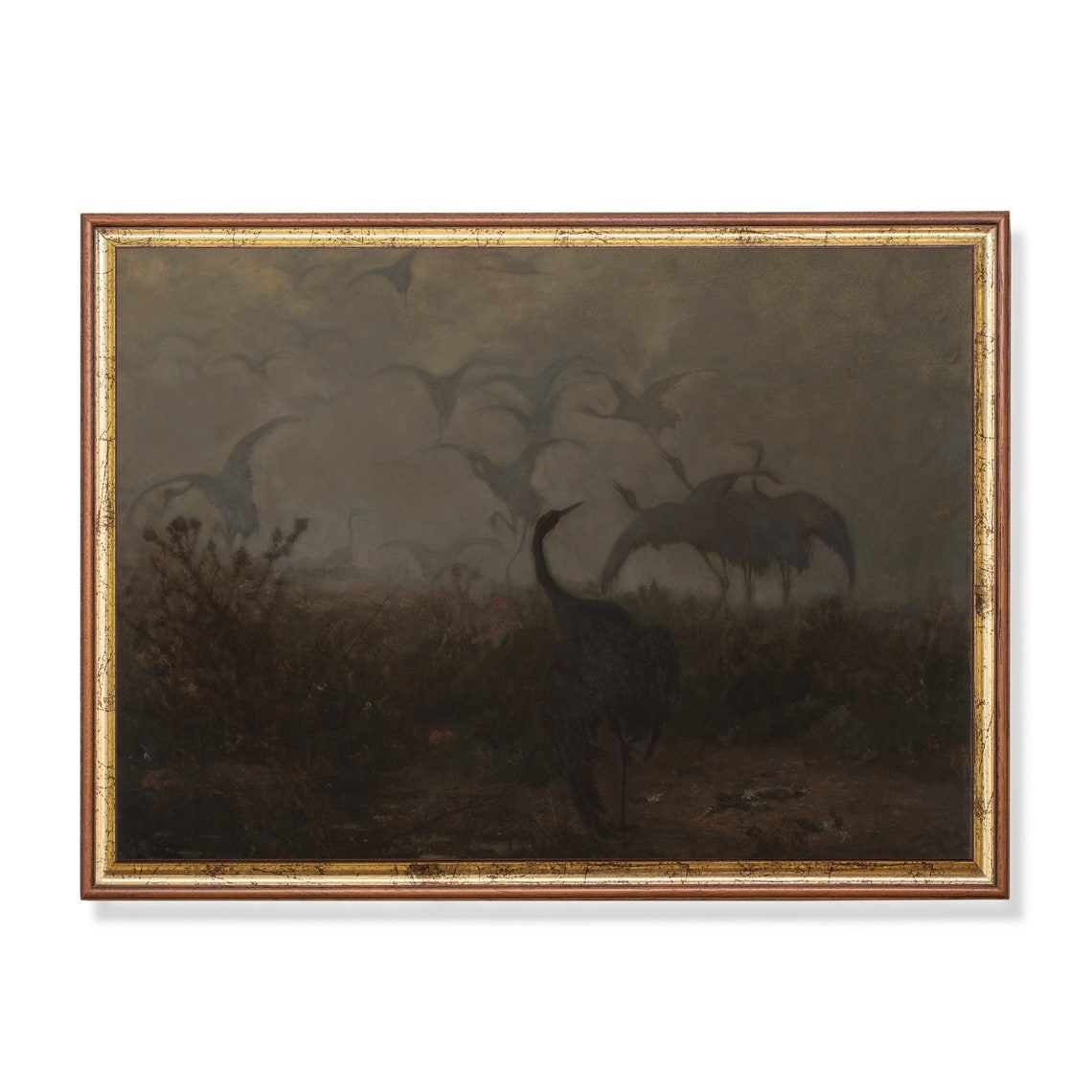 Cranes Wading in a Misty Marsh at Dawn Tonalist Bird Painting Poster