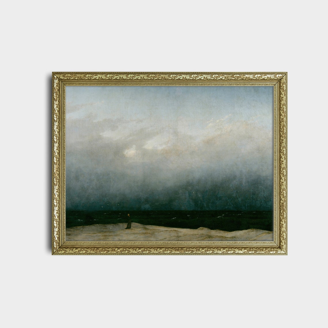 Lone Figure Before a Dark Moonlit Sea Romantic Oil Art Poster - Image 2