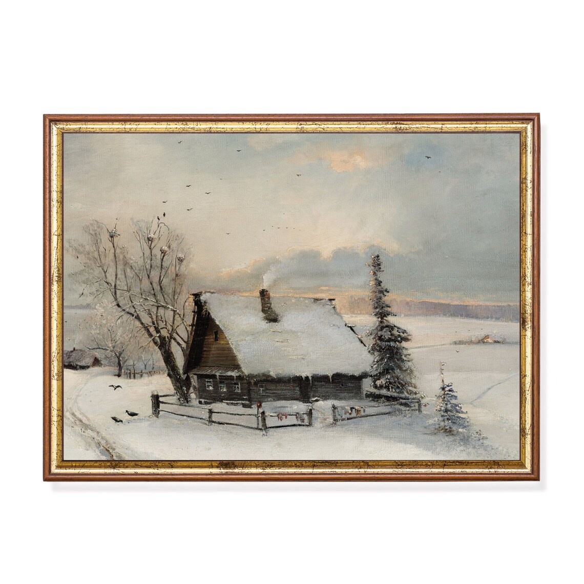 Snow Cabin Vintage Winter Landscape Art Print