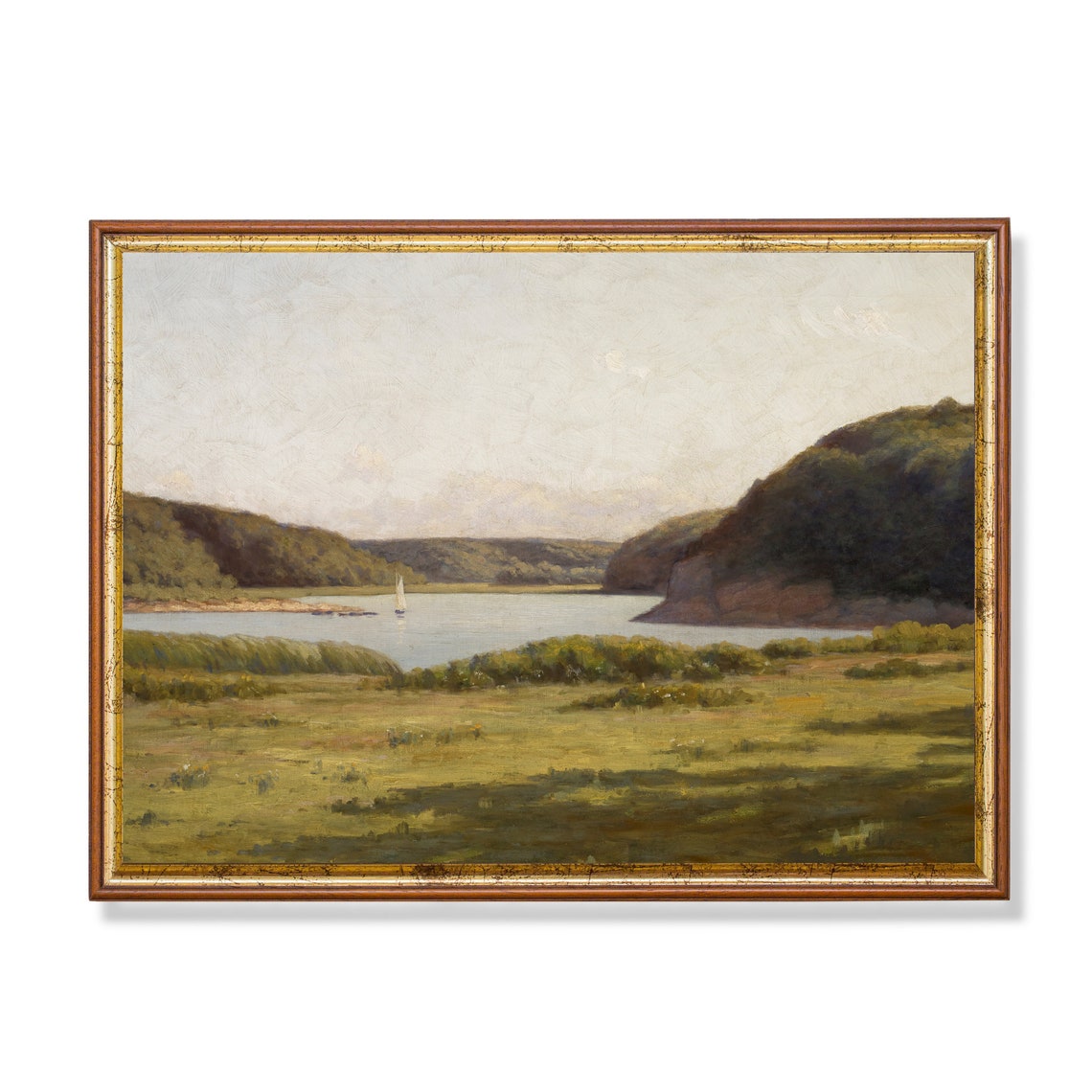 Sailboat on a Calm Lake in a Green Summer Valley Serene Poster