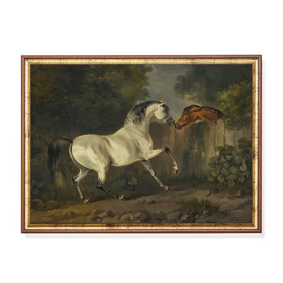 Vintage Horses Painting Antique Equestrian Print Moody Rustic Art Wall Art Farmhouse Decor Fine Art
