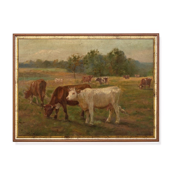 Vintage Cows Painting Antique Country Landscape Moody Rustic Animal Print Farmhouse Decor Wall Art