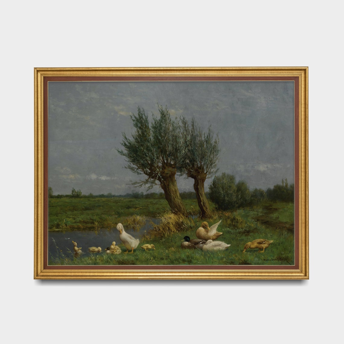 Duck with Ducklings by a Willow Lined Stream Farm Pond Painting Poster - Image 4