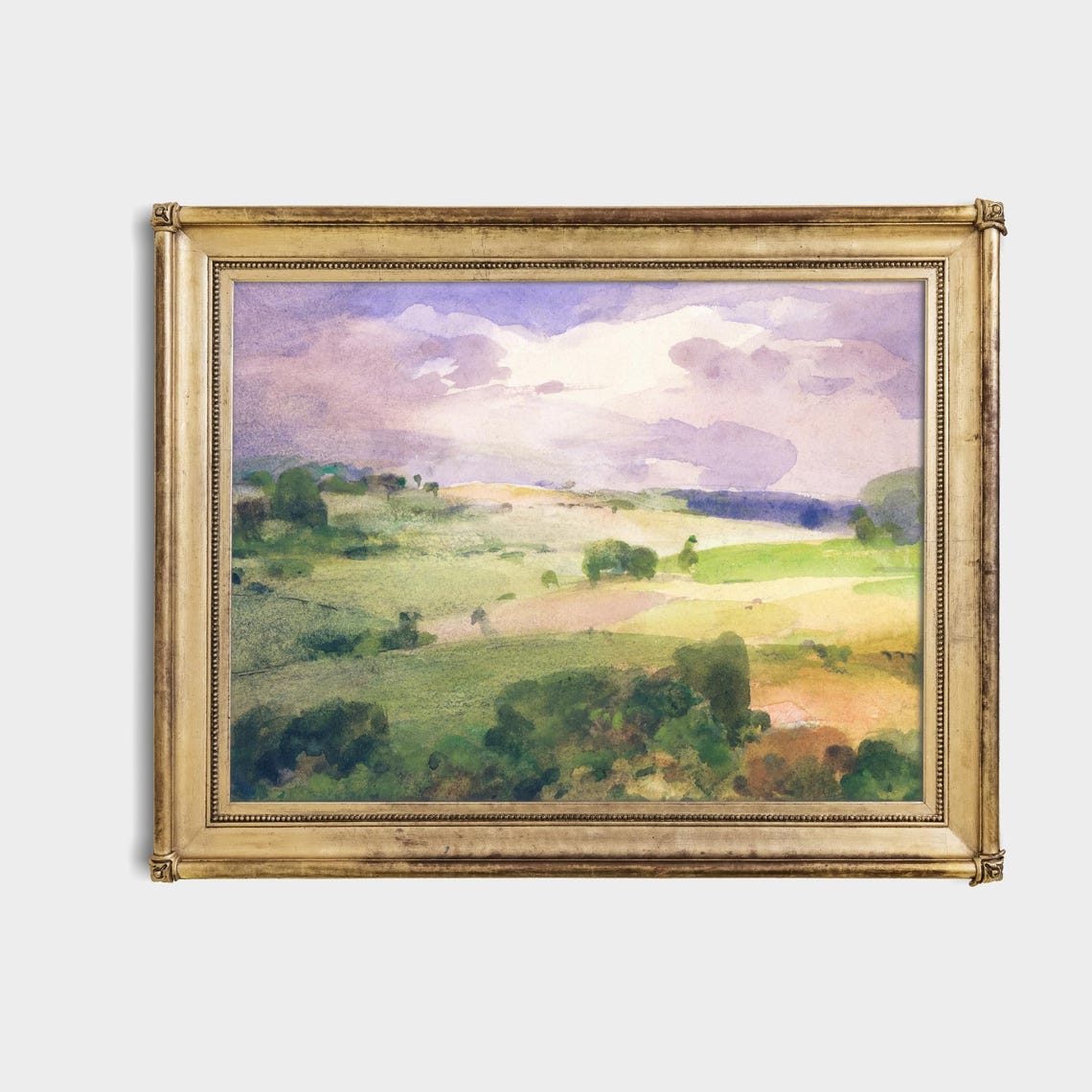 Serene Rolling Hills Soft Purple Clouds Watercolor Landscape Poster - Image 4