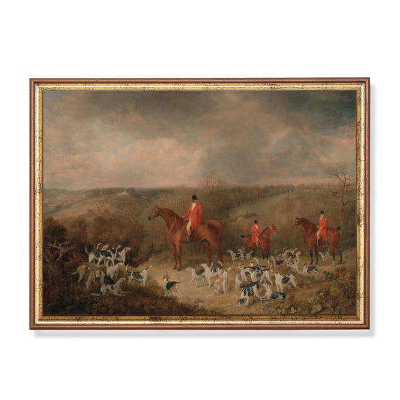 Mailed Art Vintage Equestrian Painting Antique Horse And Hounds Print Moody Rustic Art Farmhouse Decor Printed And Shipped