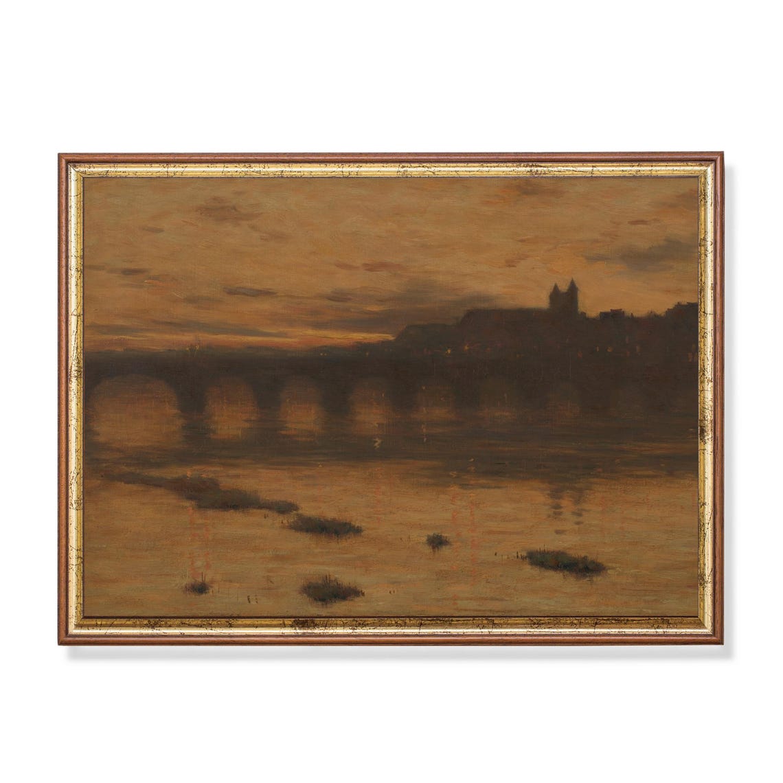 Golden Nocturne Cityscape with a Bridge over a River Art Poster