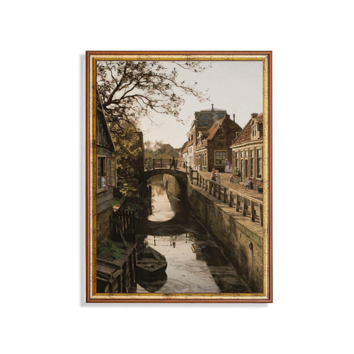 European Canal Town With Stone Bridge Vintage Cityscape Poster