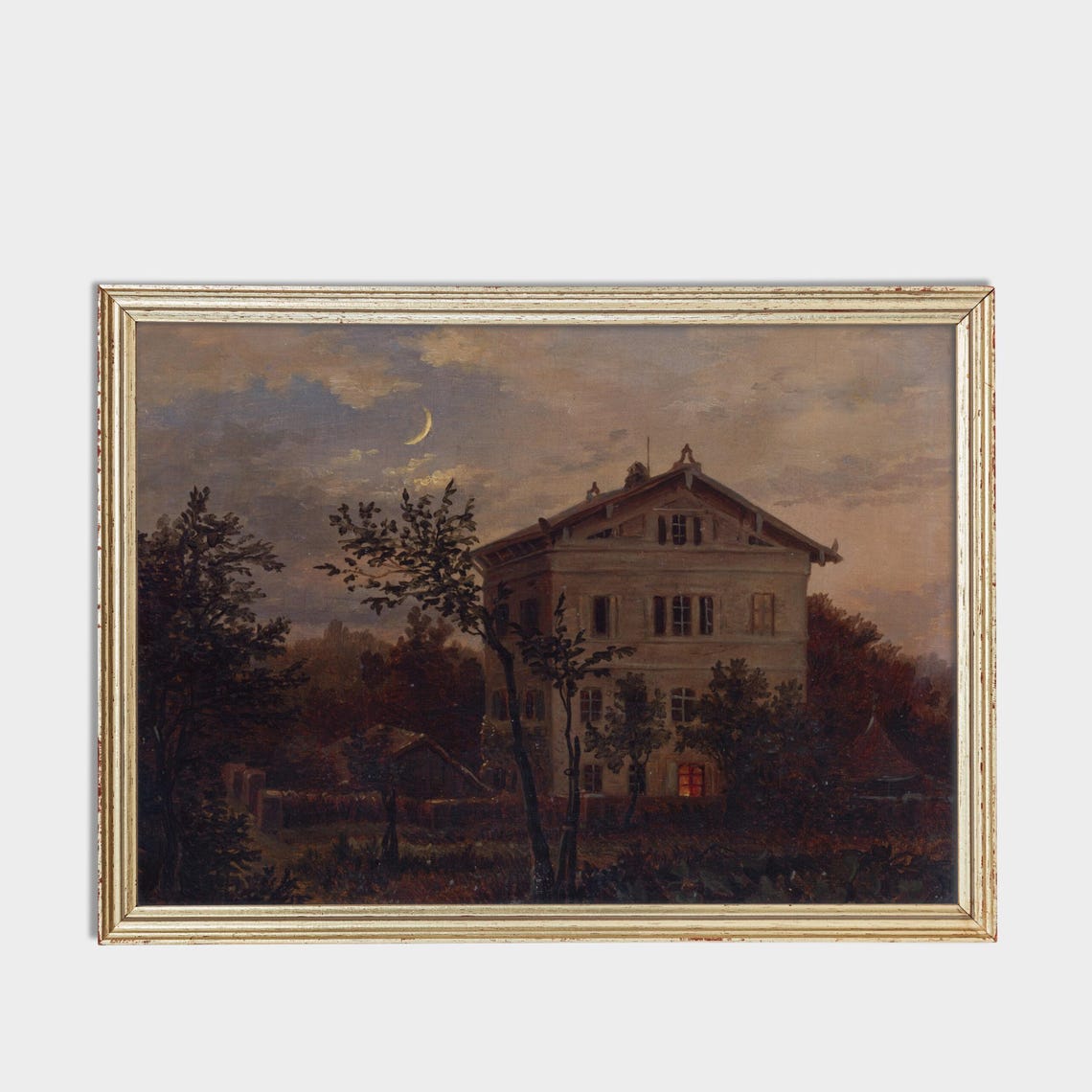 Moonlit Villa with Crescent Moon and a Single Lit Window Night Poster - Image 3