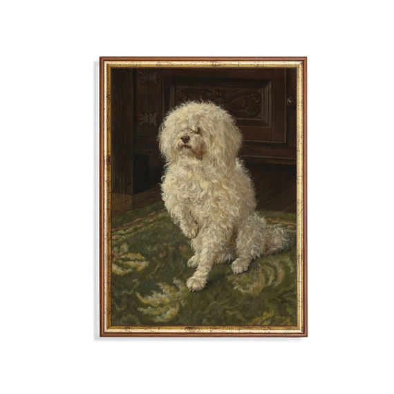 Print And Ship Vintage Dog Painting Antique Animal Print White Poodle Art Mailed Art Moody Rustic Art Farmhouse Decor