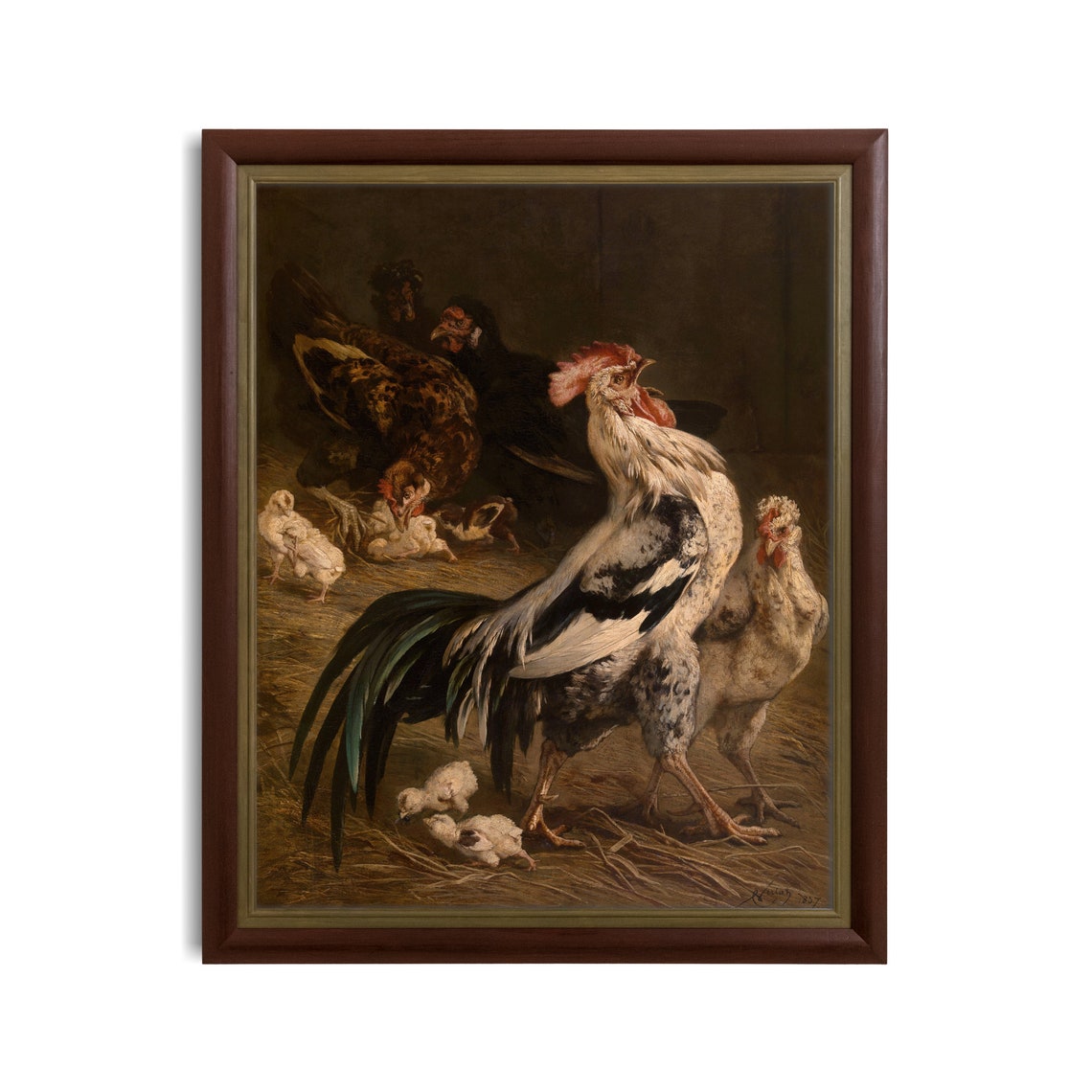 Antique Rooster Hens Chicks Barn Farmyard Vintage Oil Painting Poster - Image 3