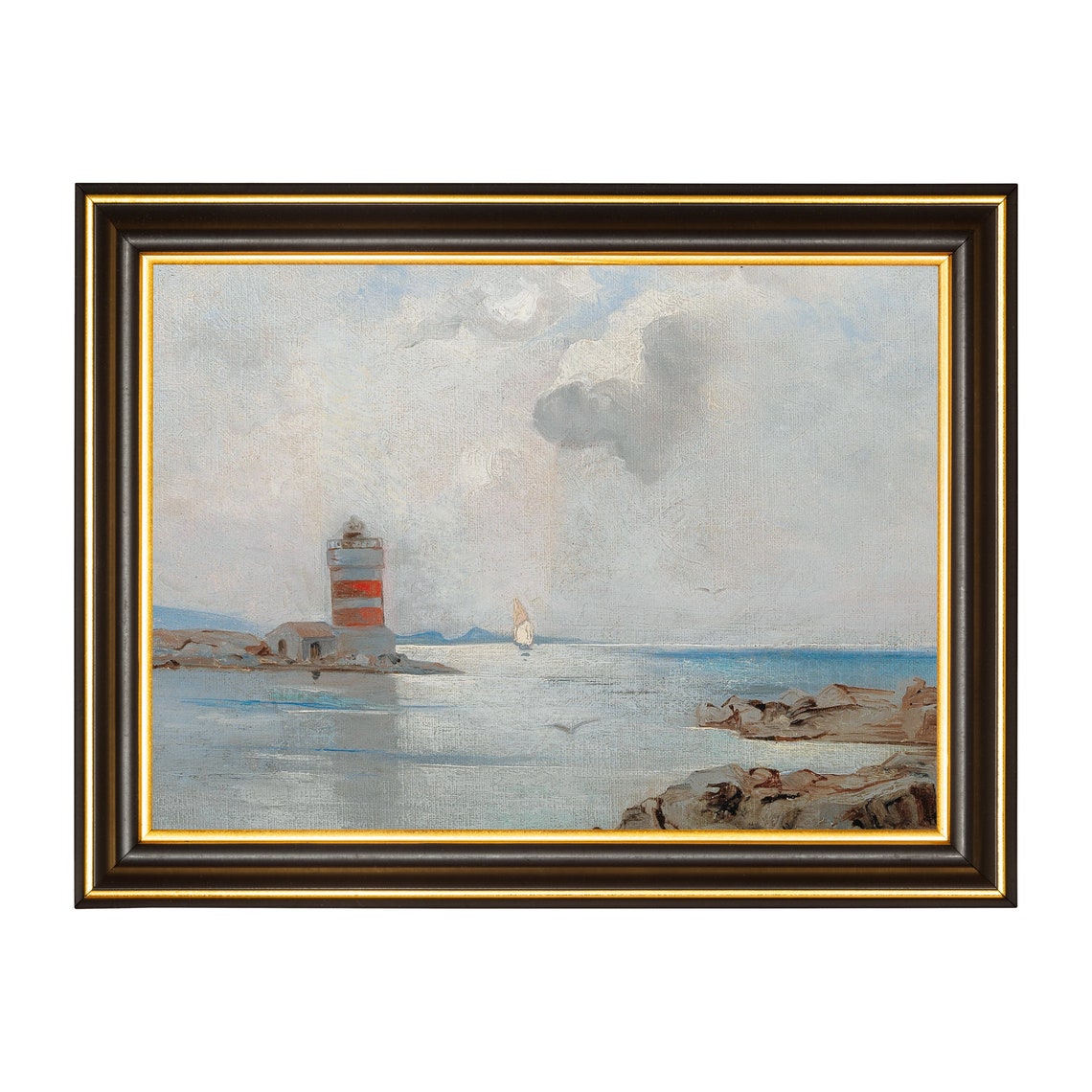 Red Striped Lighthouse on Rocky Shore Calm Sea Vintage Seascape Poster - Image 3
