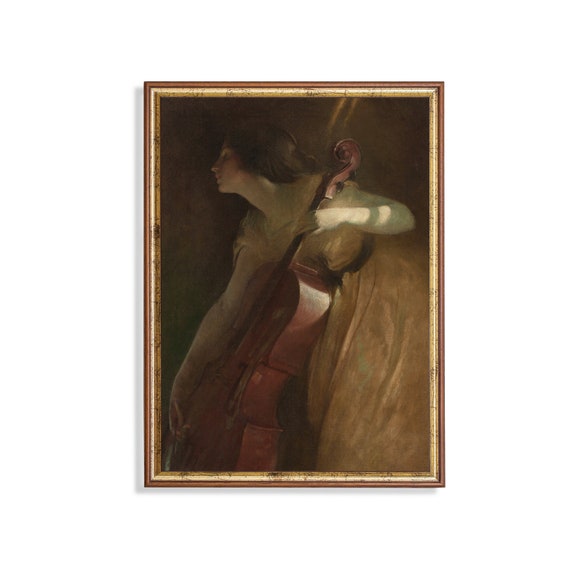 Printed And Shipped Vintage Portrait Painting Woman Playing Music Instrument Antique Art Print Moody Rustic Art Female Portrait