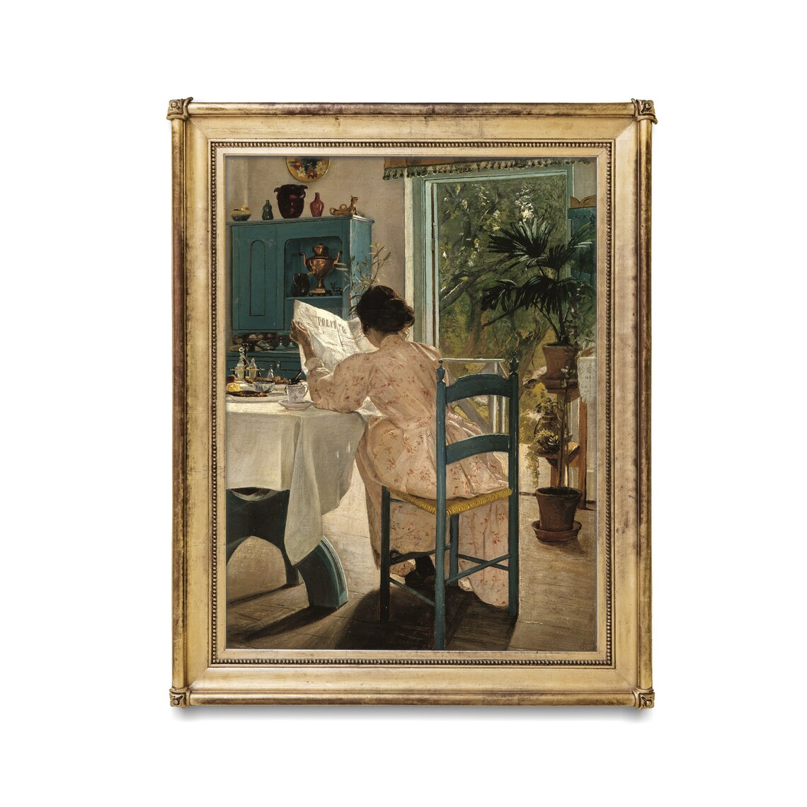 Woman Reading Newspaper at Breakfast Sunlit Impressionist Interior Poster - Image 4