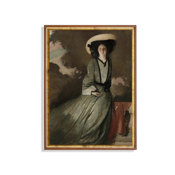 Vintage Woman in Hat Portrait Green Gown Antique Elegant Wall Art