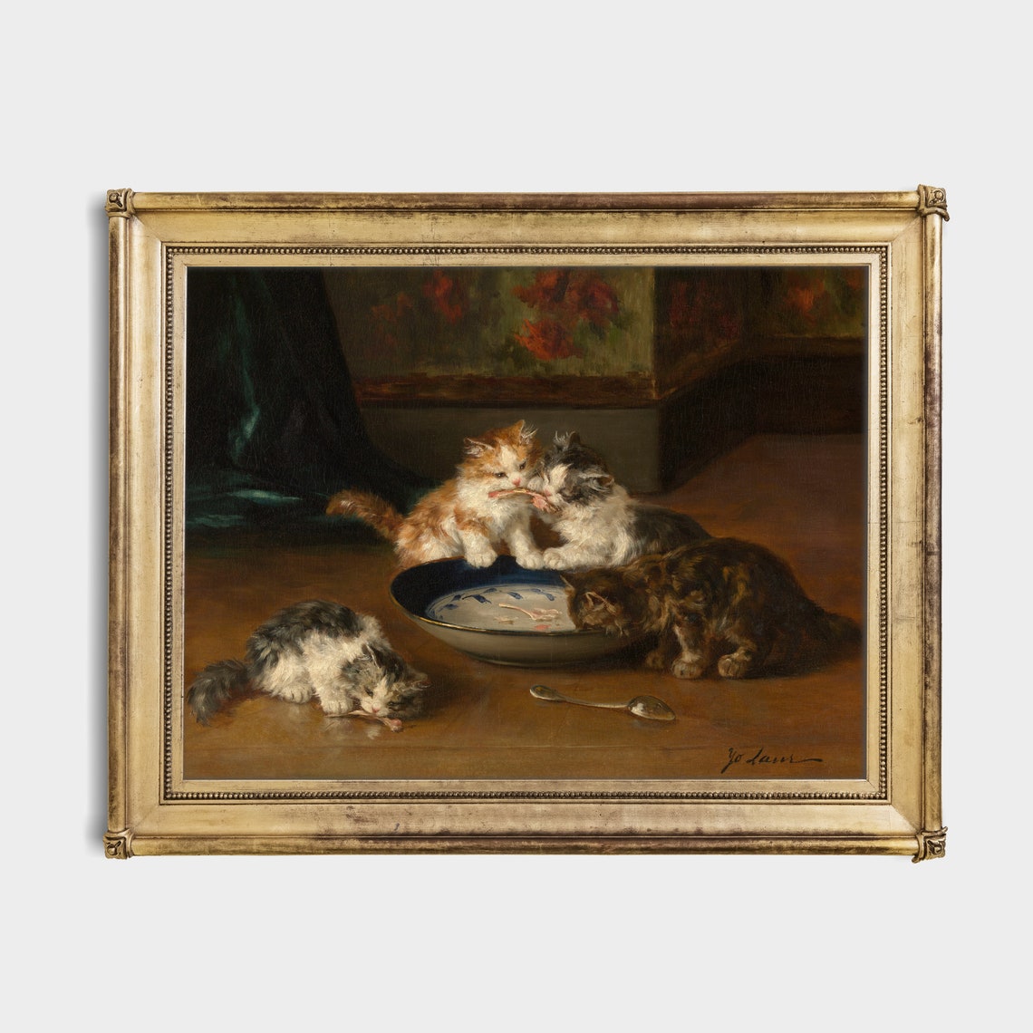 Four Kittens Sharing Bowl of Food Kitchen Table Vintage Cat Poster - Image 2