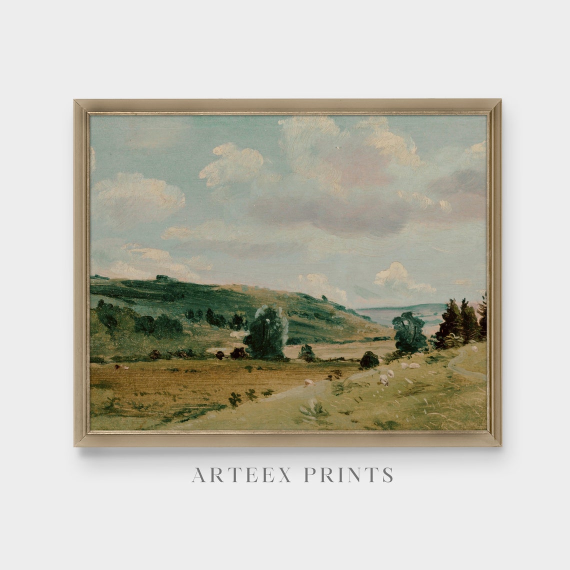 Green Rolling Hills with Sheep Pastoral Vintage Landscape Poster - Image 4