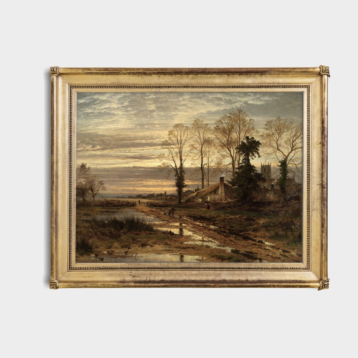 Village at Dusk with Pond and Church Tower Vintage Art Poster - Image 4