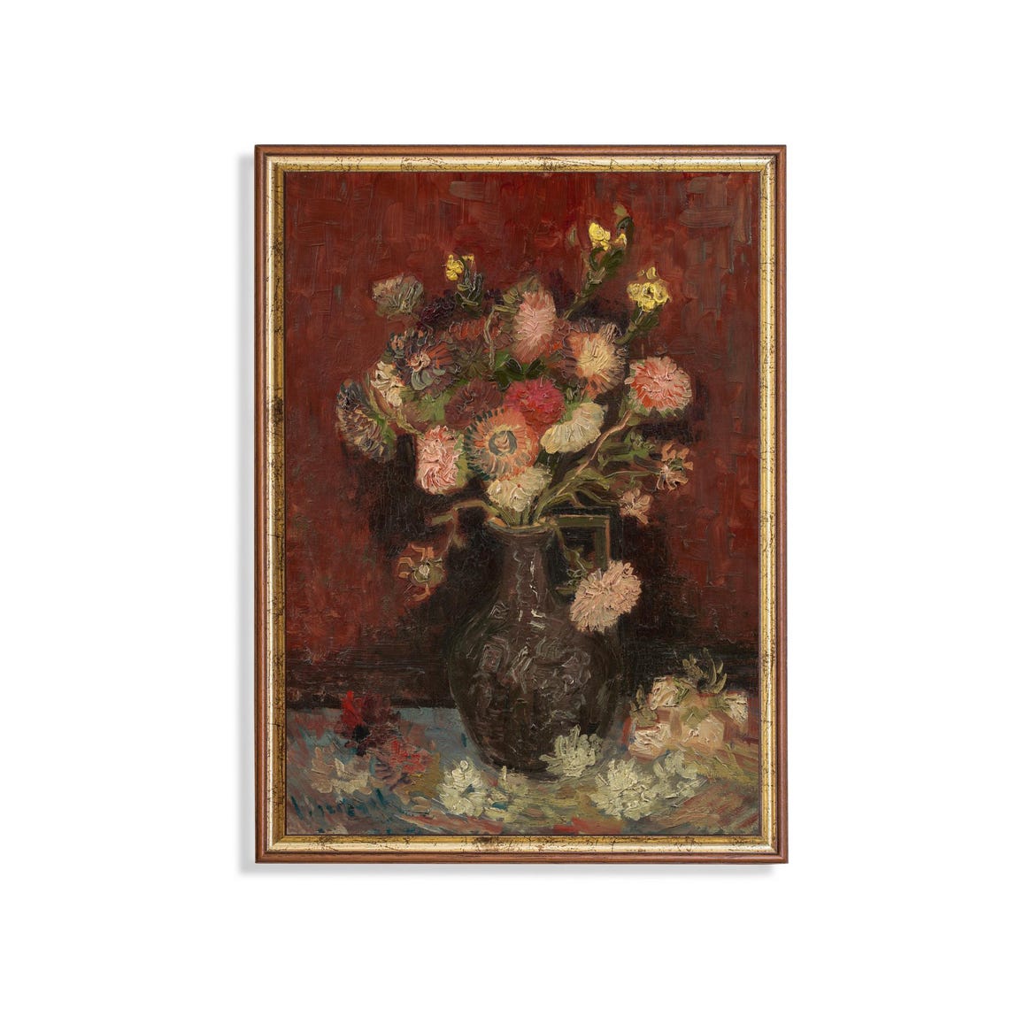Vibrant Pink Asters and Gladioli in a Dark Vase Bold Floral Poster
