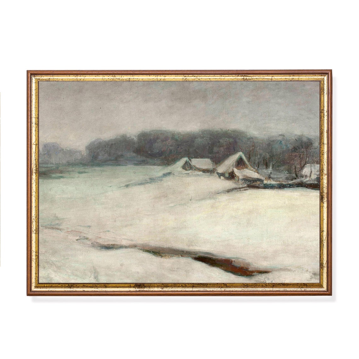 Misty Snow-Covered Hamlet With Its Winding Dark Stream Poster