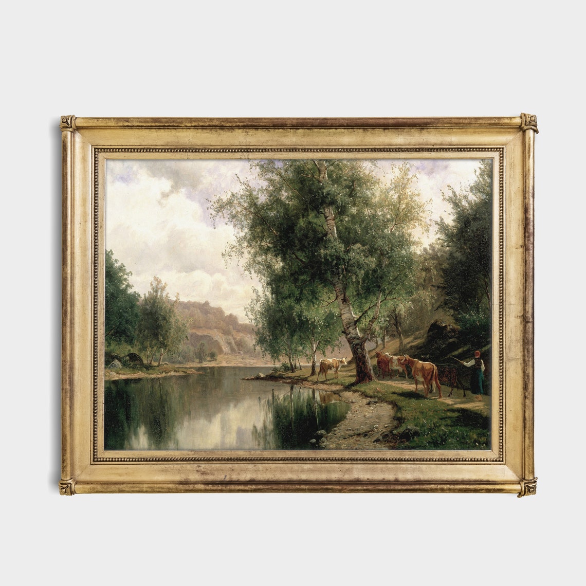 Cows Watering at a Birch-Lined River Landscape Vintage Poster - Image 2