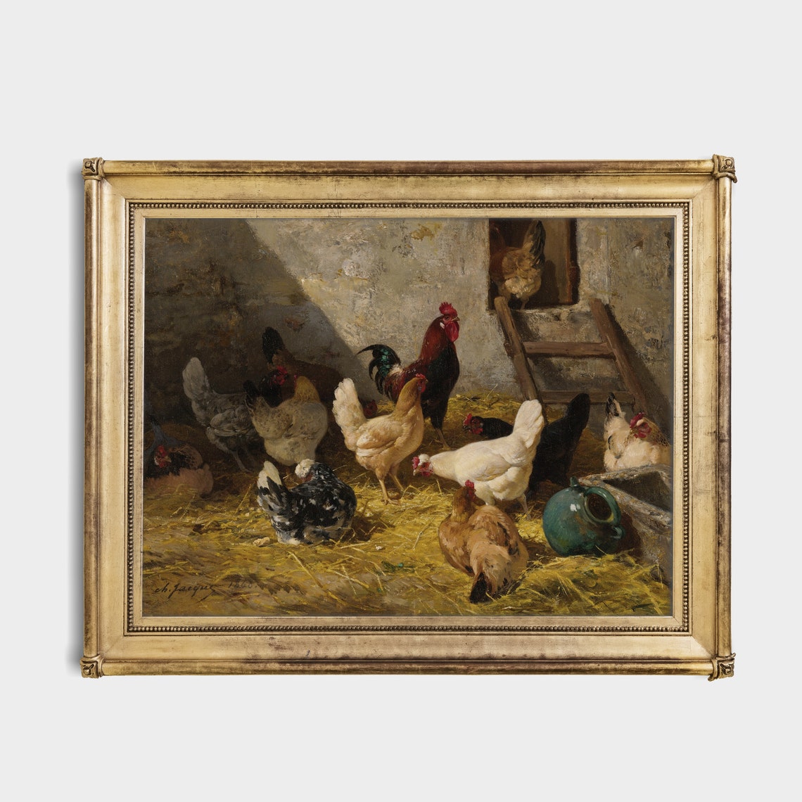 Rooster Painting Vintage Hen Print Dark Moody Rustic Oil Painting Farmhouse Animal Antique Art Wall Art - Image 4