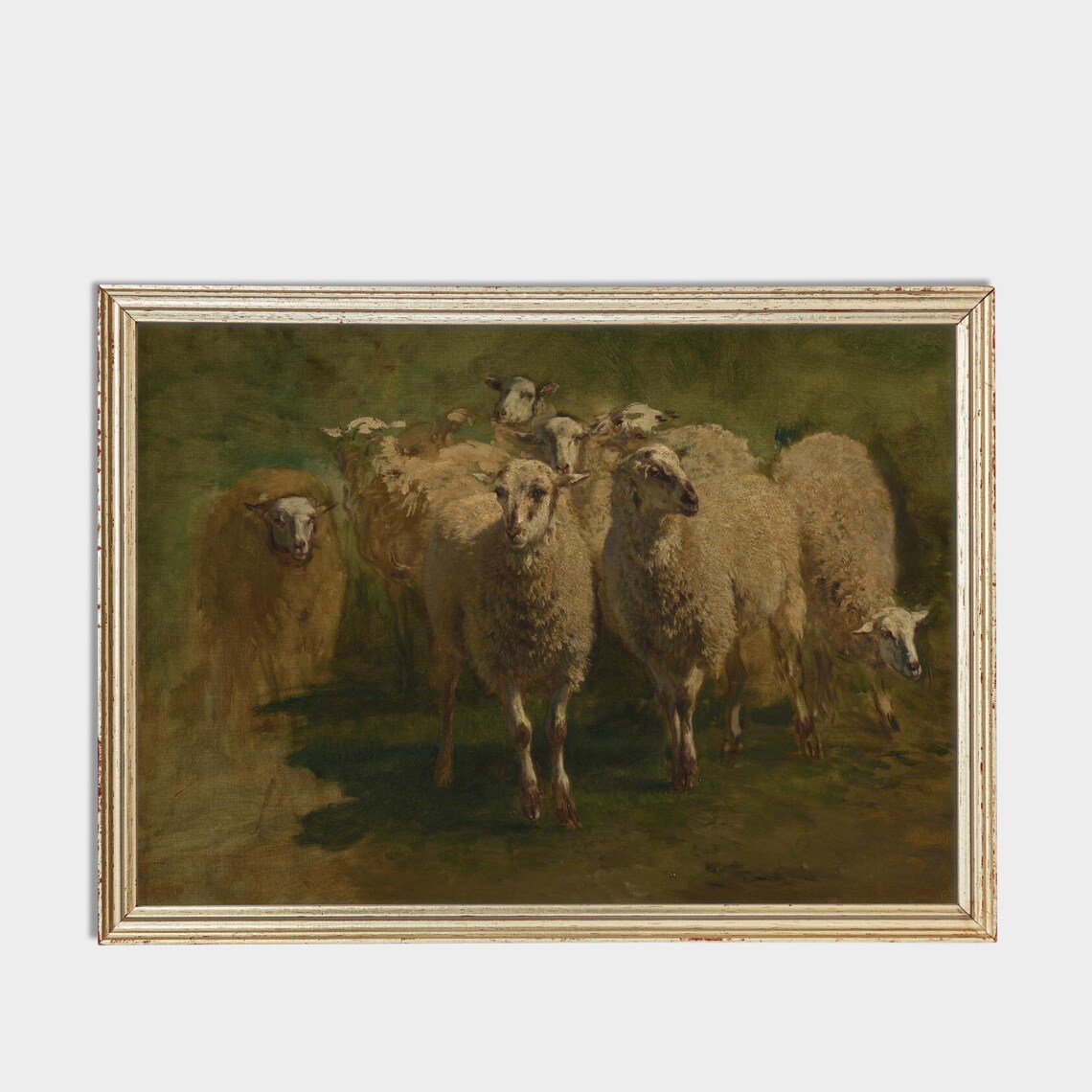 Flock of Sheep Moody Green Vintage Pastoral Oil Painting Poster - Image 3
