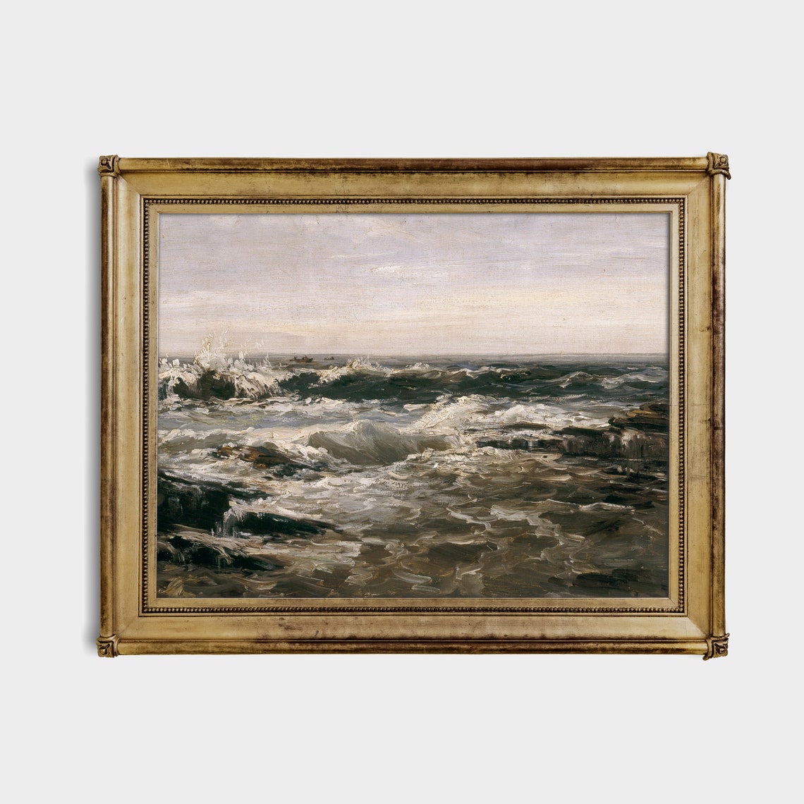 Vintage Seascape Painting Antique Ocean Beach Print Wall Art Coastal Decor Moody Rustic Fine Art - Image 4