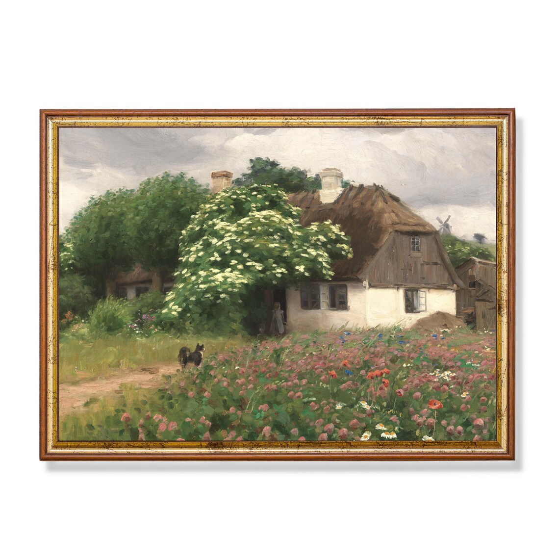 Vintage Cottage Landscape, Country Farmhouse Art Print