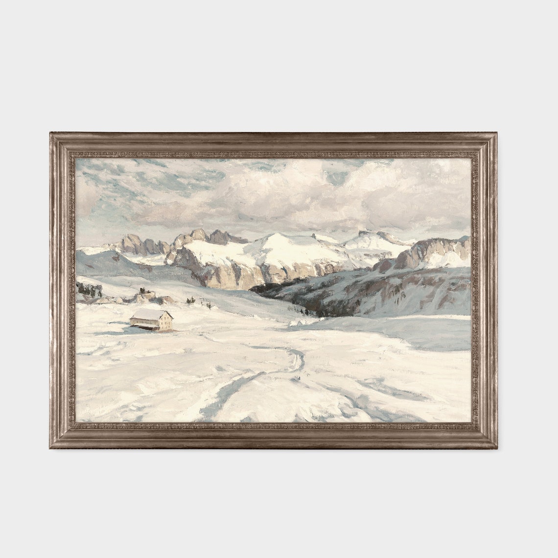 Snowy Alpine Mountain Valley with Lone Cabin Vintage Winter Poster - Image 2