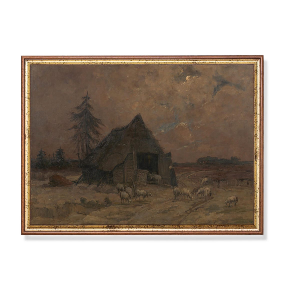 Sheep Grazing by a Thatched Barn at Dusk Vintage Farm Poster