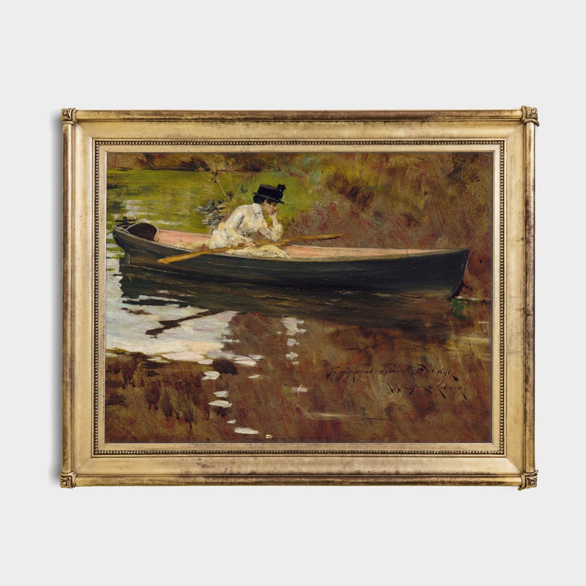 Mailed Print Vintage Portrait Painting Woman In Boat Antique Woman Portrait Print And Ship Moody Rustic Print 18th Century Art - Image 2