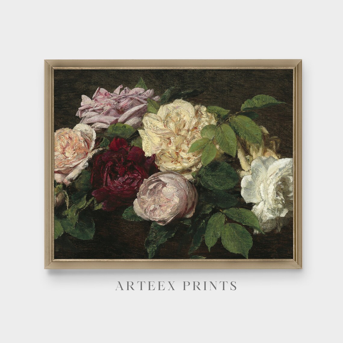 Bouquet of Cream Blush and Burgundy Roses Vintage Painting Poster - Image 5
