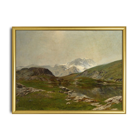 Vintage Landscape Painting Antique Mountain Print Rustic Nature Fine Art Wall Art Farmhouse Decor
