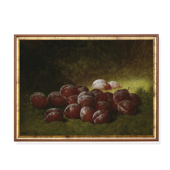 Printed And Shipped Vintage Still Life With Purple Plums Antique Fruits Painting Moody Rustic Print Kitchen Decor