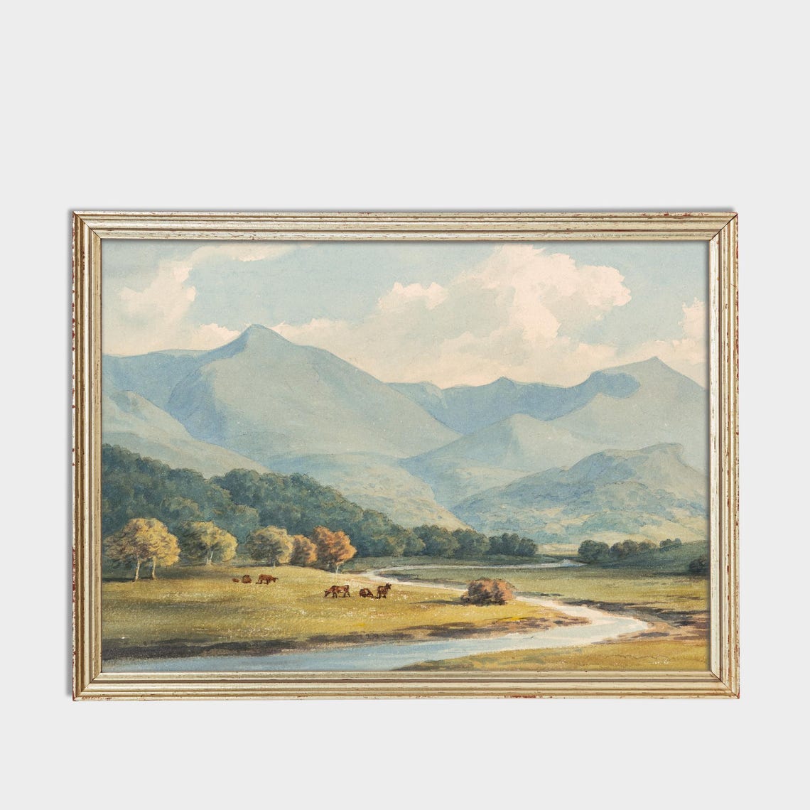 Mountain Valley River with Grazing Cattle Scenic Landscape Poster - Image 3