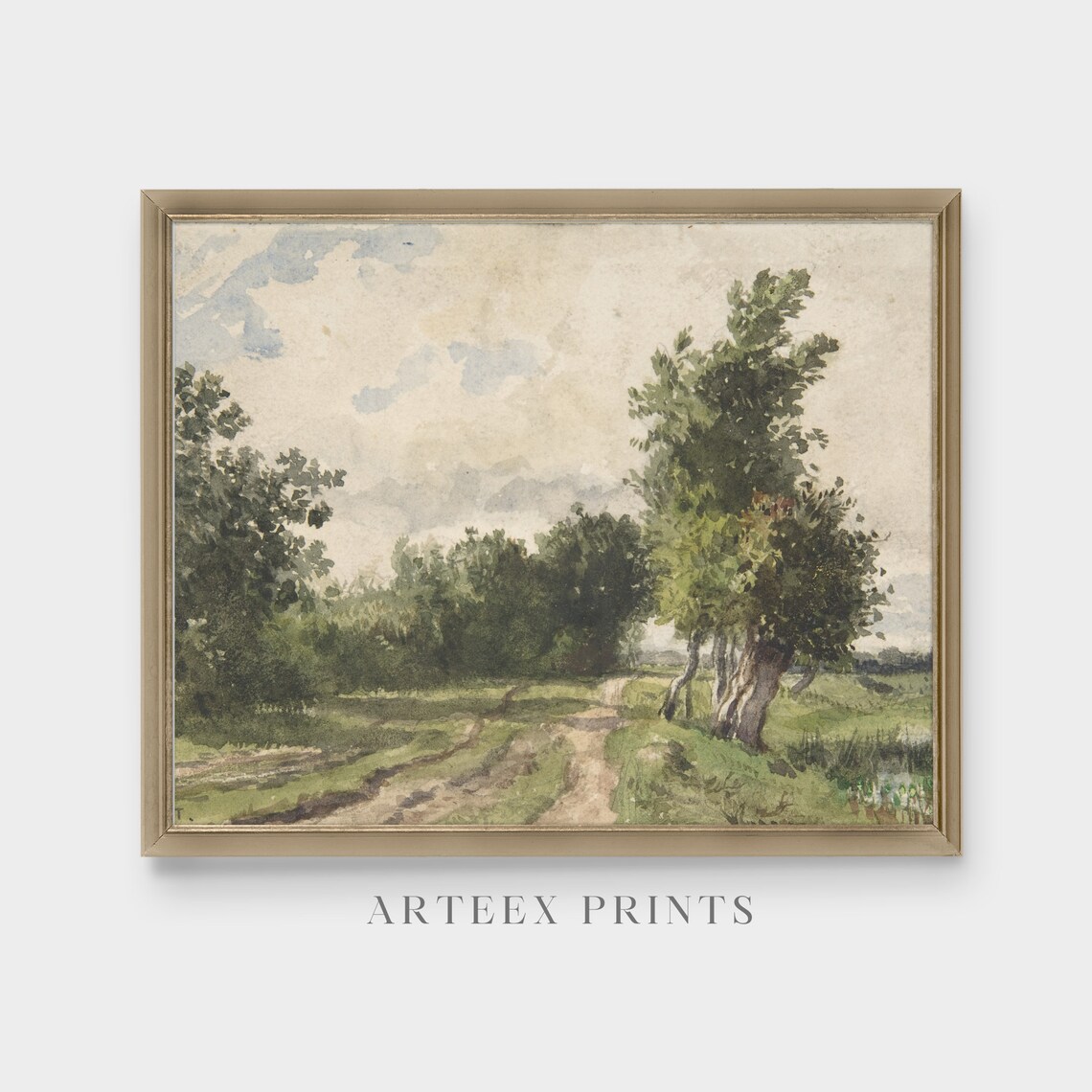 Sunlit Country Lane Flanked by Tall Leafy Trees Watercolor Poster - Image 3