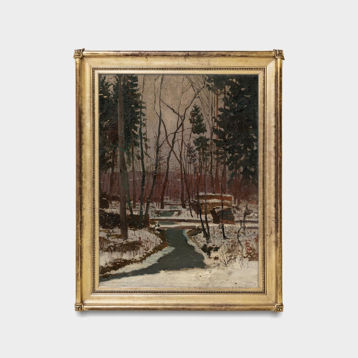 Snowy Winter Forest with Stream and Cabins Vintage Landscape Poster - Image 4