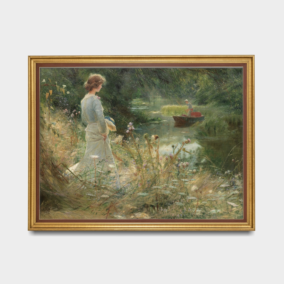 Woman in White Gown by a Flowering Riverbank Romantic Painting Poster - Image 4