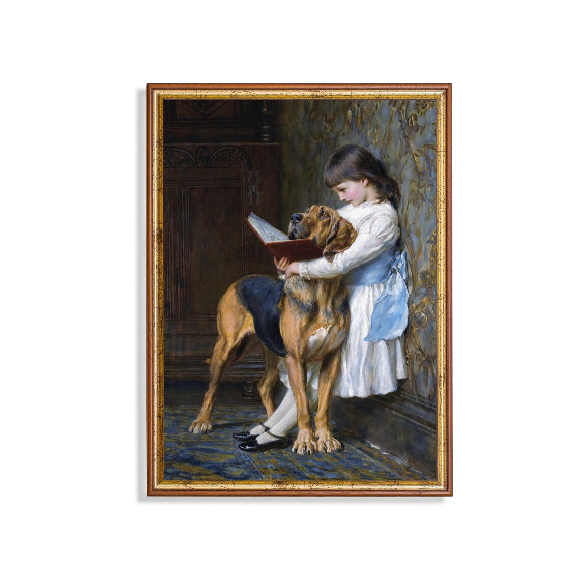 Vintage Young Girl With Dog And Book, Rustic Art Print