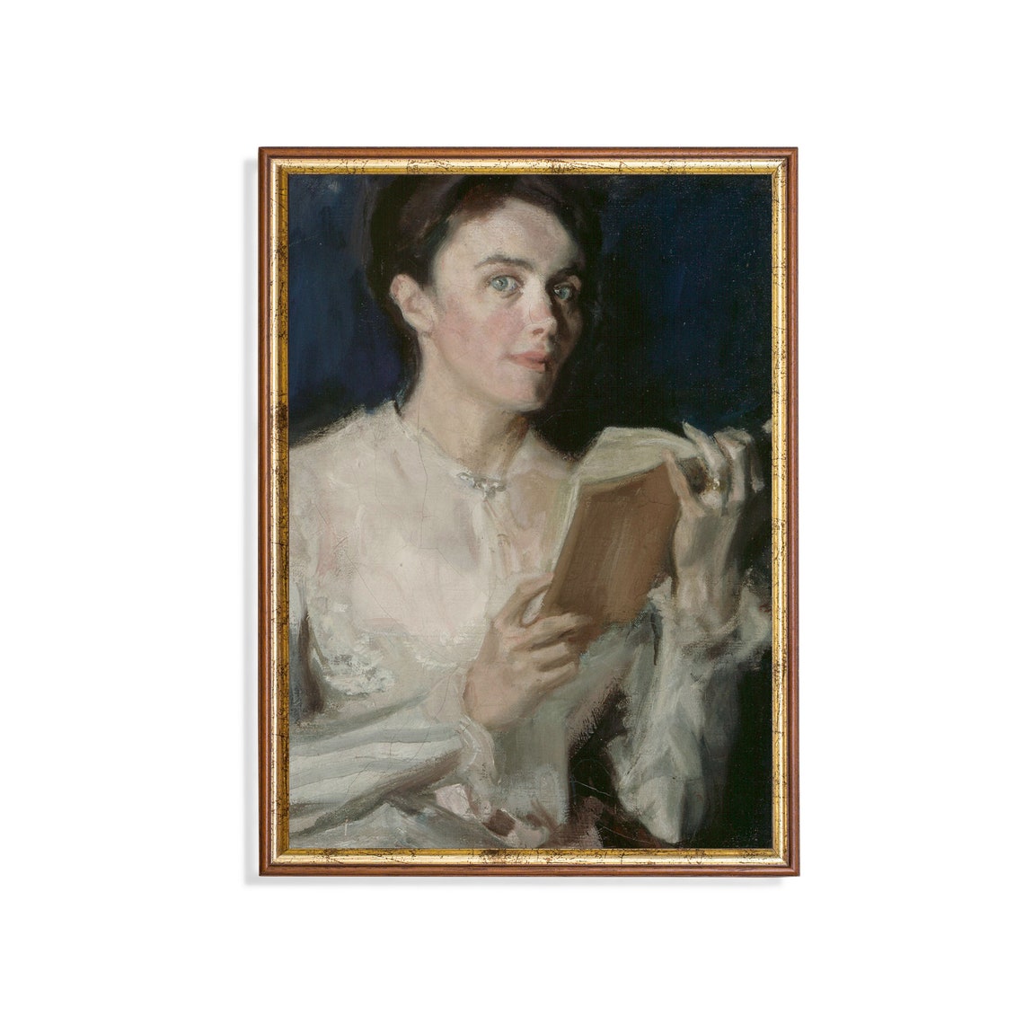 Woman in a White Dress Reading a Book Looking Up Moody Poster