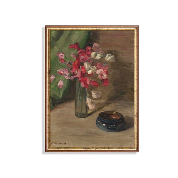 Mailed Print Still Life With Red Flowers Antique Floral Painting Roses In A Vase Moody Rustic Flower Artwork Print And Ship