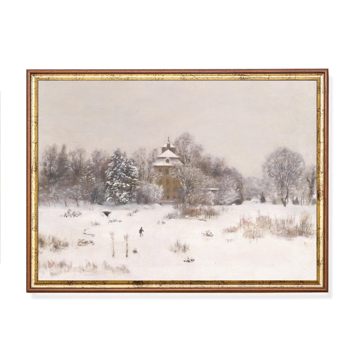 Snowy Manor House With a Tall Church Tower Behind Trees Poster