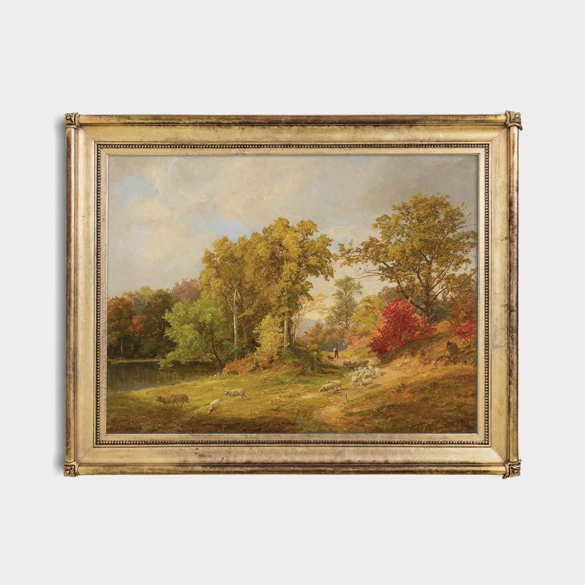 Autumn Lake Landscape With a Shepherd and His Sheep Flock Poster - Image 4