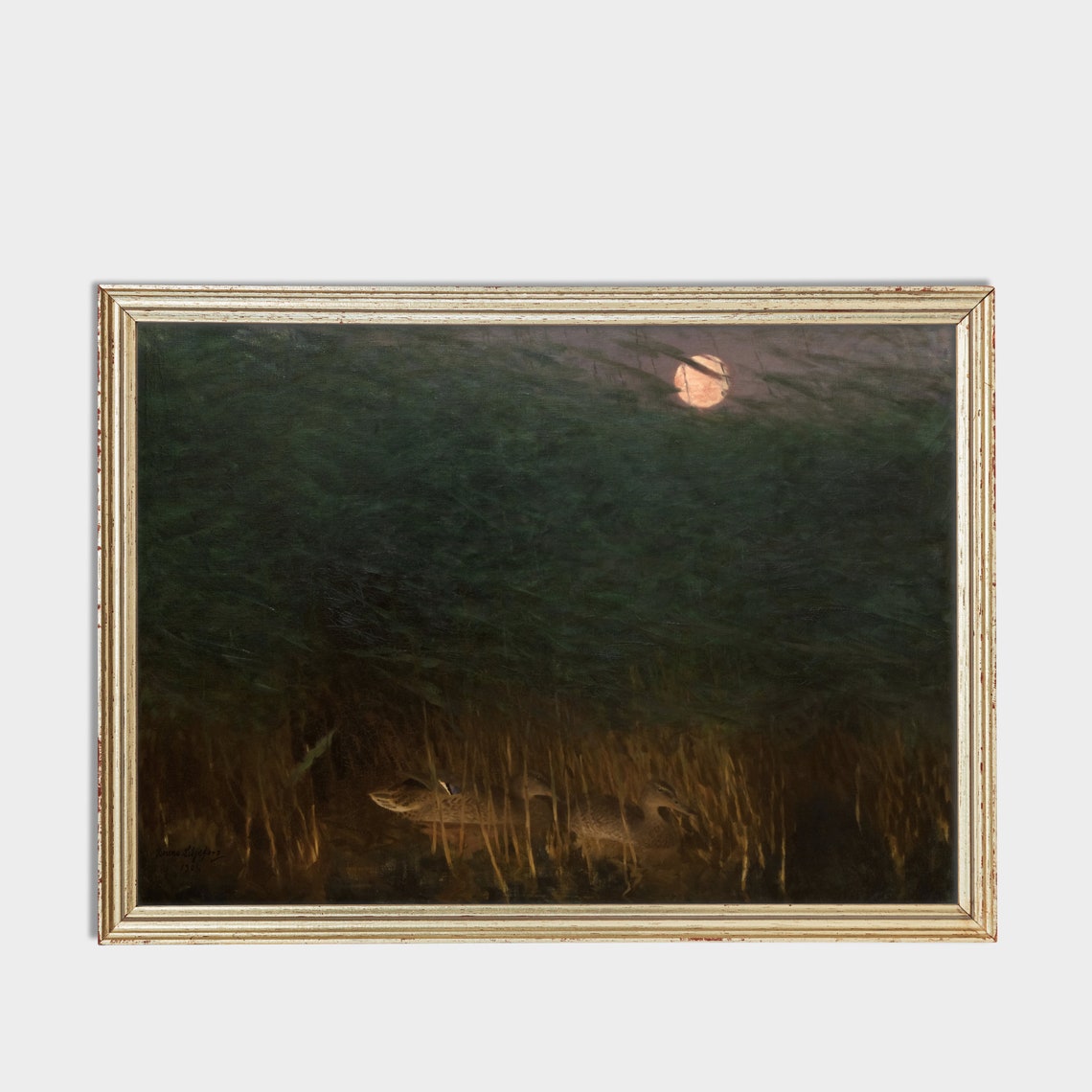 Wild Ducks Among Moonlit Reeds on a Dark Lake Vintage Painting Poster - Image 3