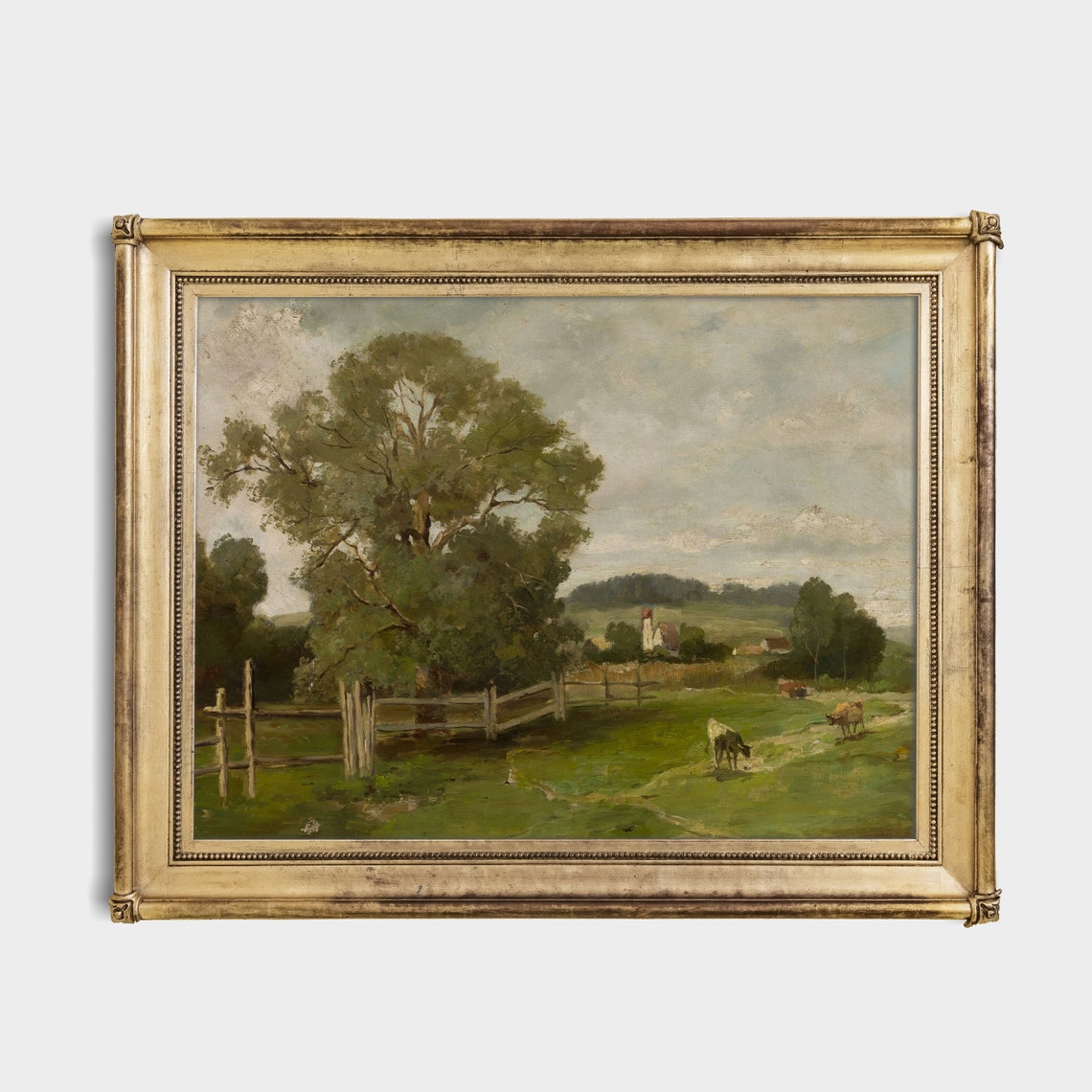 Cows Grazing by a Farmhouse Antique Pastoral Country Painting Poster - Image 2