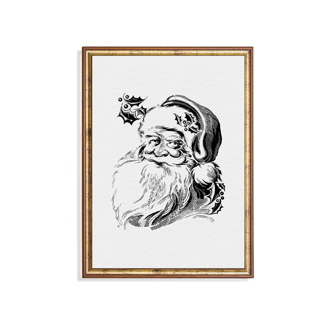 Vintage Santa Claus Face Engraving with Holly Accents Holiday Poster