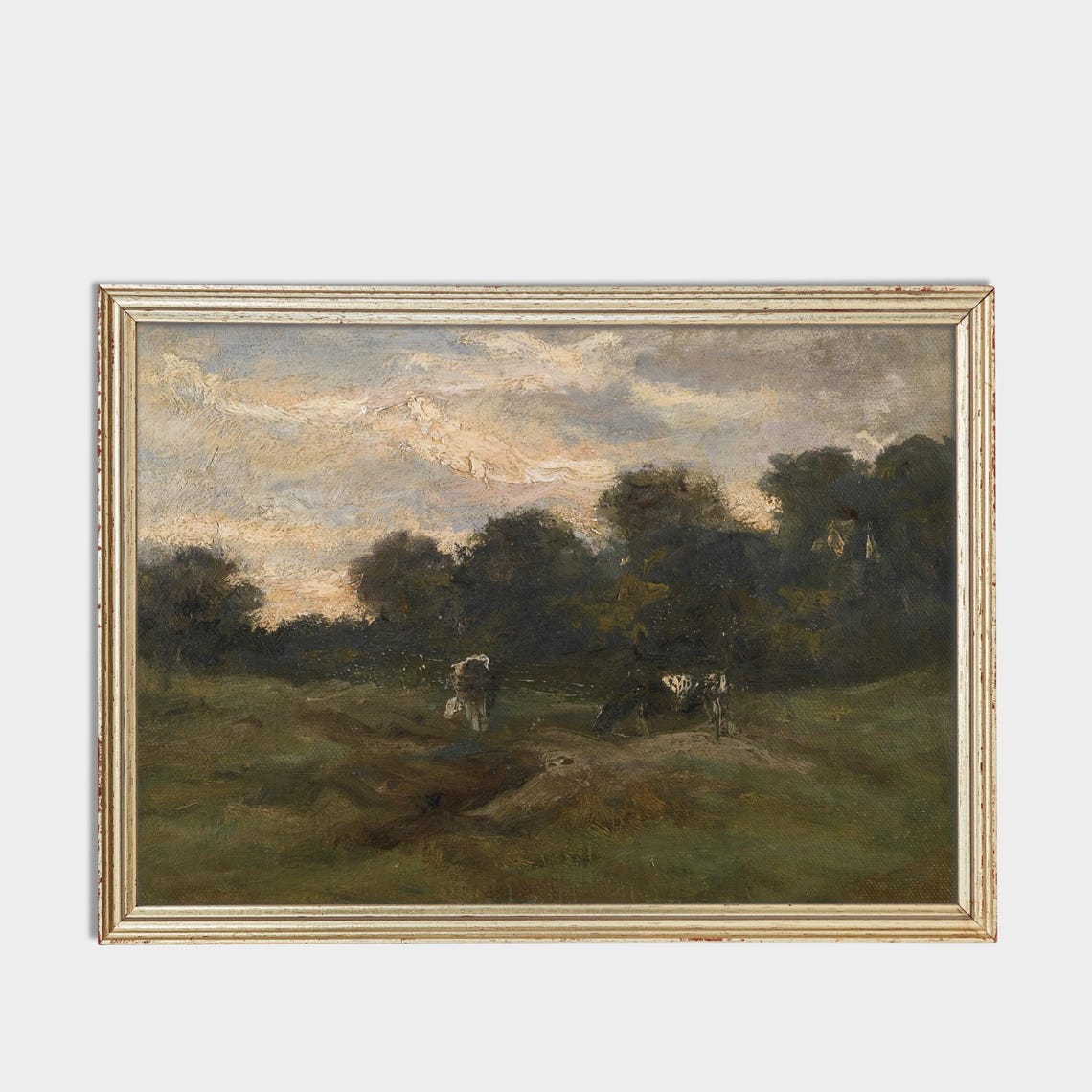 Two Cows Grazing in a Dusky Green Pastoral Meadow Vintage Poster - Image 3