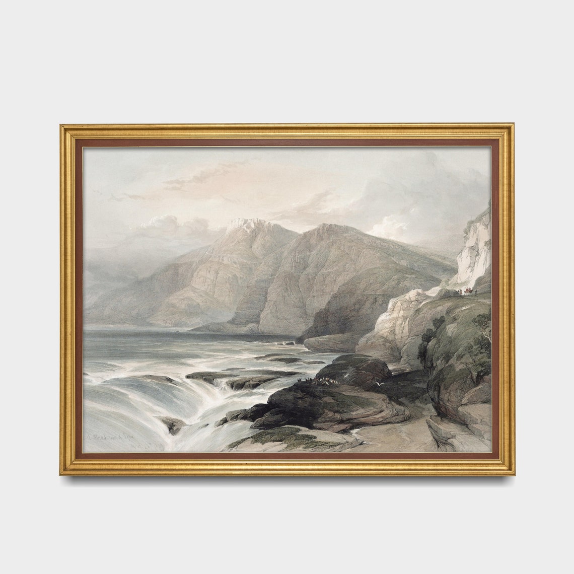Misty Coastal Cliffs River Mouth Antique Engraved Landscape Poster - Image 2