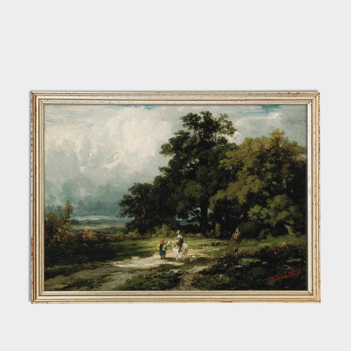 Rider on White Horse on Forest Path Antique Landscape Poster - Image 3